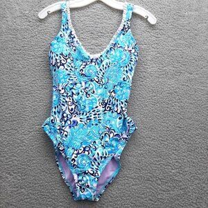 Lilly Pulitzer Womens Araza One Piece Teal blue Size 4 ruffle lace neck line